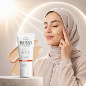 نحوه استفاده از کرم ضد آفتاب رنگی راسن با SPF 100 و بافت بژ طبیعی روی صورت
