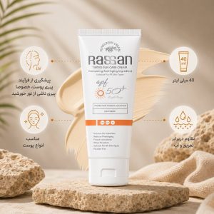 کرم ضد آفتاب رنگی راسن ۴۰ میلی‌لیتر بژ روشن مناسب انواع پوست و مقاوم در برابر تعریق و آب