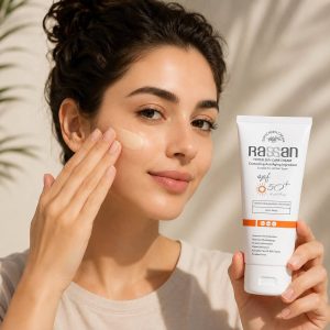 نحوه استفاده و تست رنگ کرم ضد آفتاب رنگی راسن بژ روشن SPF50+ روی پوست صورت مدل