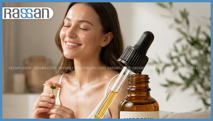 خواص روغن آرگان برای صورت 2 قطره چکان حاوی روغن آرگان در نمای نزدیک و زنی با پوست شفاف و خندان در پسزمینه برای نمایش خواص روغن آرگان برای صورت