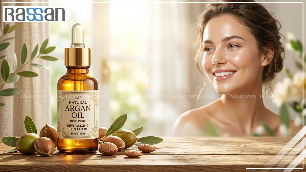 شیشه سرم روغن آرگان خالص در کنار دانه‌های آرگان روی میز چوبی و چهره زنی با پوست درخشان جهت معرفی خواص روغن آرگان برای صورت