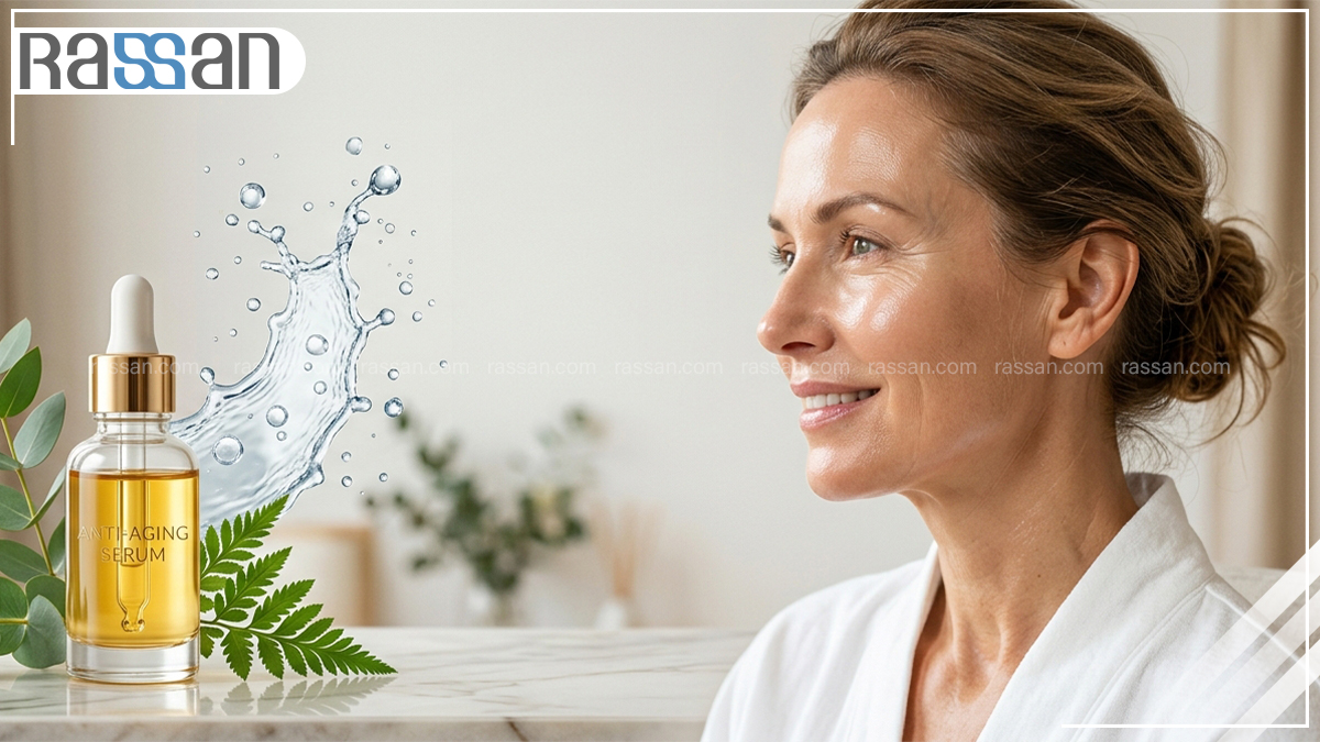 سرم ضد پیری و جوانساز پوست در کنار زنی با چهره شاداب برای پاسخ به سوال چطور روند پیری پوست صورت را کند کنیم