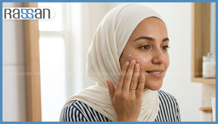 چرا ضد آفتاب روی صورت میماسه؟ ۹ علت و راه حل قطعی 2 زنی با شال سفید در حال پخش کردن نقطهای کرم ضد آفتاب روی پوست صورت خود جلوی آینه
