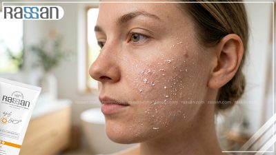 نماي نزدیک از لایه لایه شدن و ماسیدن کرم ضد آفتاب روی پوست صورت زن