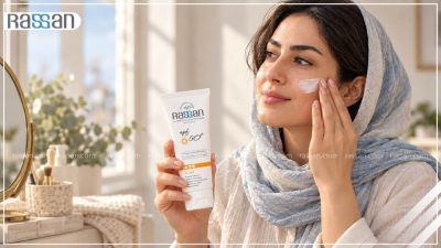خانمی در حال استفاده از ضد آفتاب راسن SPF 50+ برای مراقبت روزانه از پوست